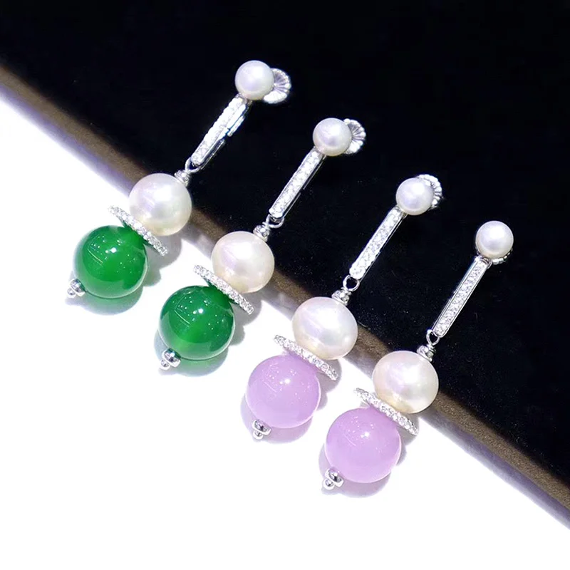 

ZOCA Elegant Fashion S925 Sterling Silver Simple Design Handmade Multicolor Synthetic Agate Natural Pearl Earrings Women's Gift