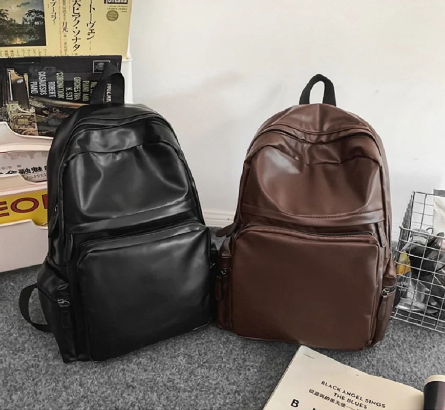 New Korean Men Women Large Capacity Laptop School Bag Soft Leather Double Zipper Shoulder Bags Casual Travel Backpack Totes