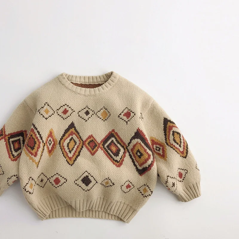 Milangel-suéteres Retro de rejilla colorida para niños, suéter cálido Vintage, abrigo de punto grueso para niñas, otoño e invierno, 2024