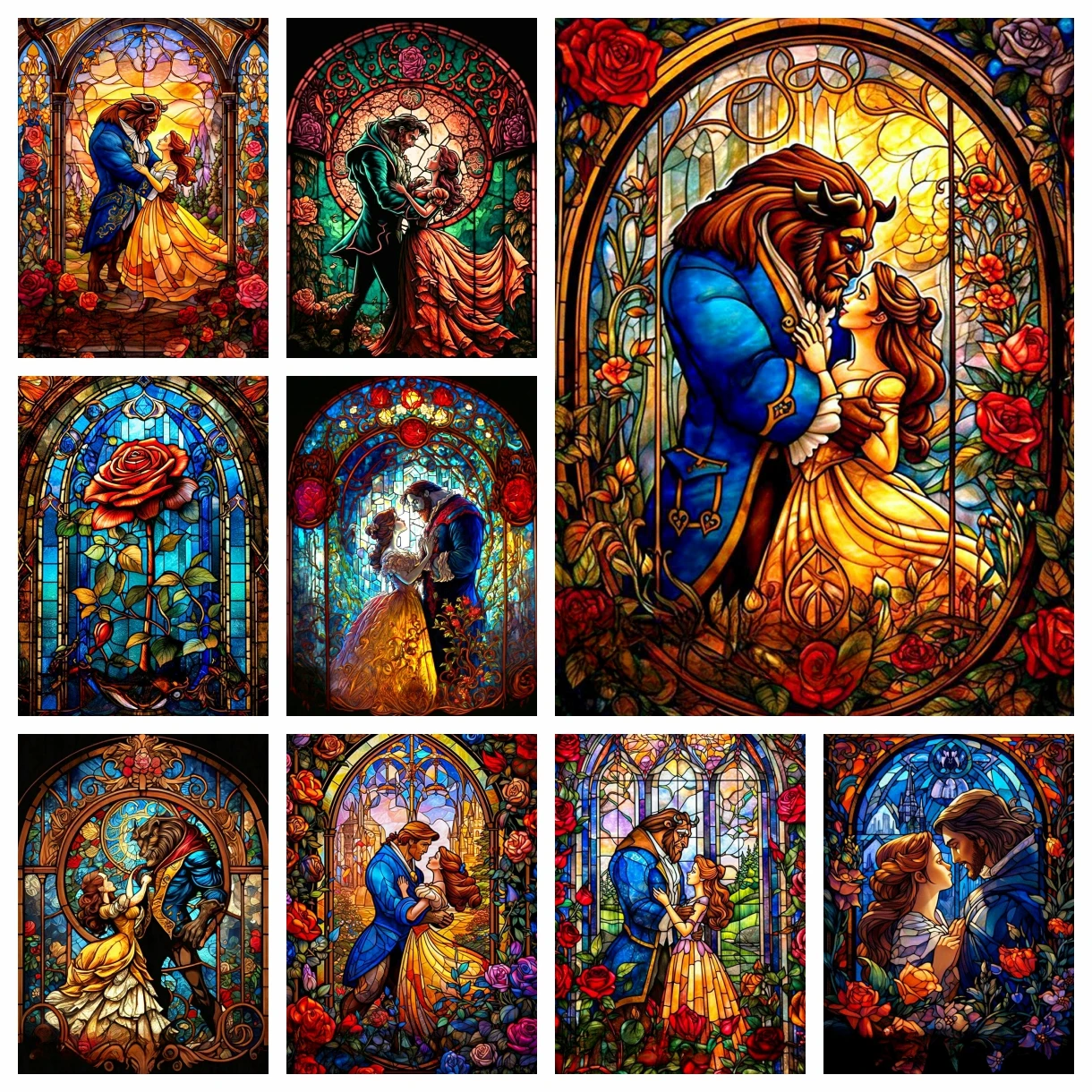 

5D Diamond Painting Cartoon Beauty And The Beast Full Round Diamond Mosaic Portrait Rose Home Decor Gift