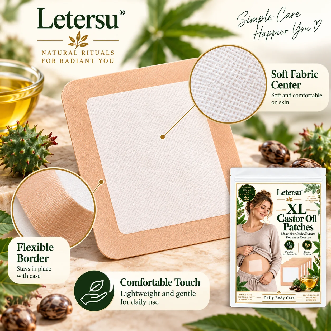 5PCS XL Castor Oil Patches for Belly, Large Castor Oil Pack Wrap Pads, Portable Body Care Patches for Women, Daily Self Care