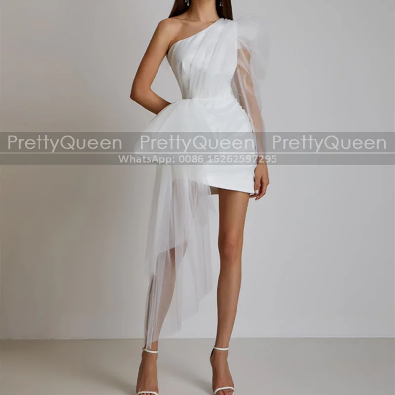 

Bohemia Short Wedding Dress One Shoulder Single Long Sleeves Waistline Cap Sheath Tulle Customized Mini Bridal Dresses