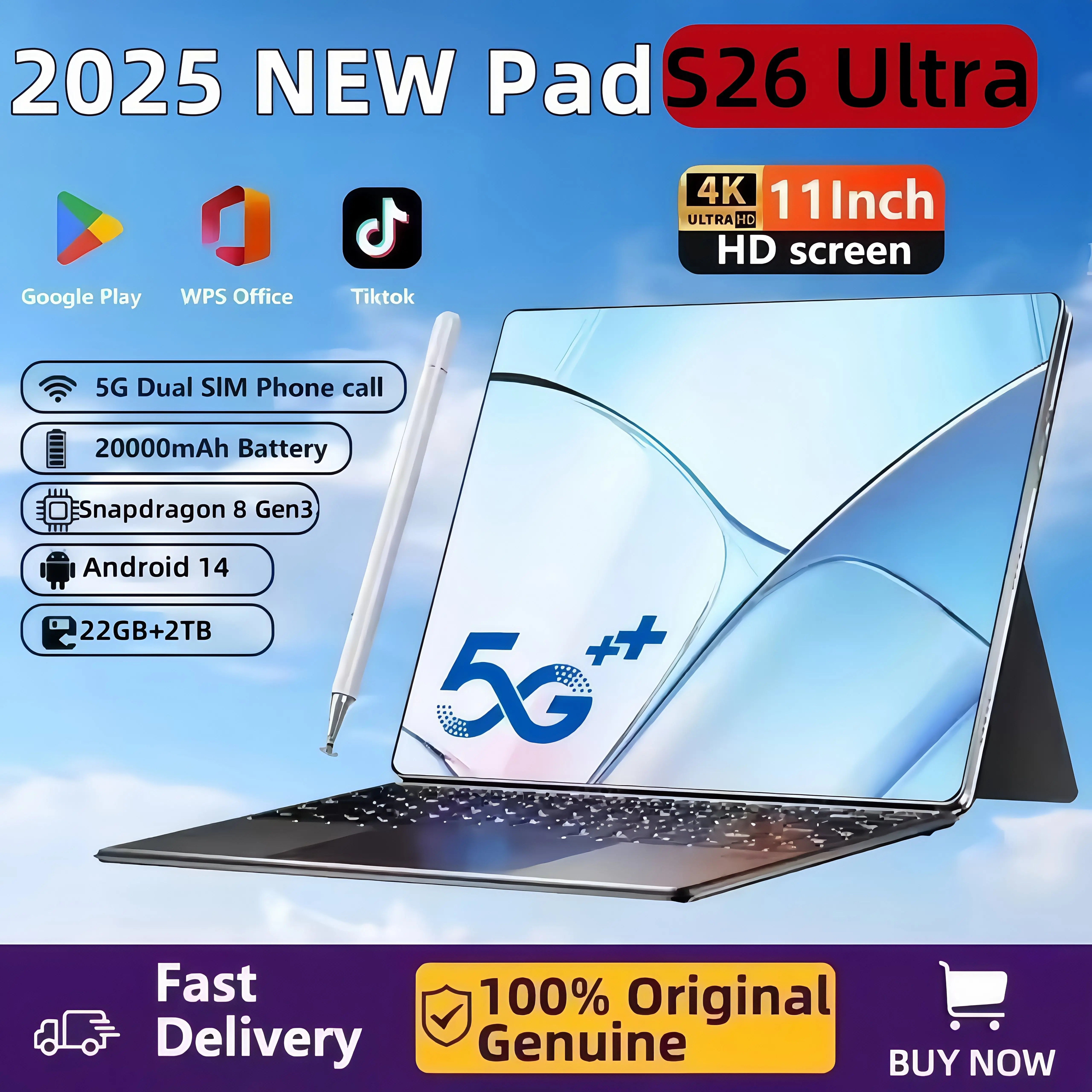 

2025 Global Version New S26 Ultra Tablet 22GB+2T 11inch HD 4K Android14 20000mAh 5G Dual SIM Phone Call WiFi GPS WPS Tablet PC