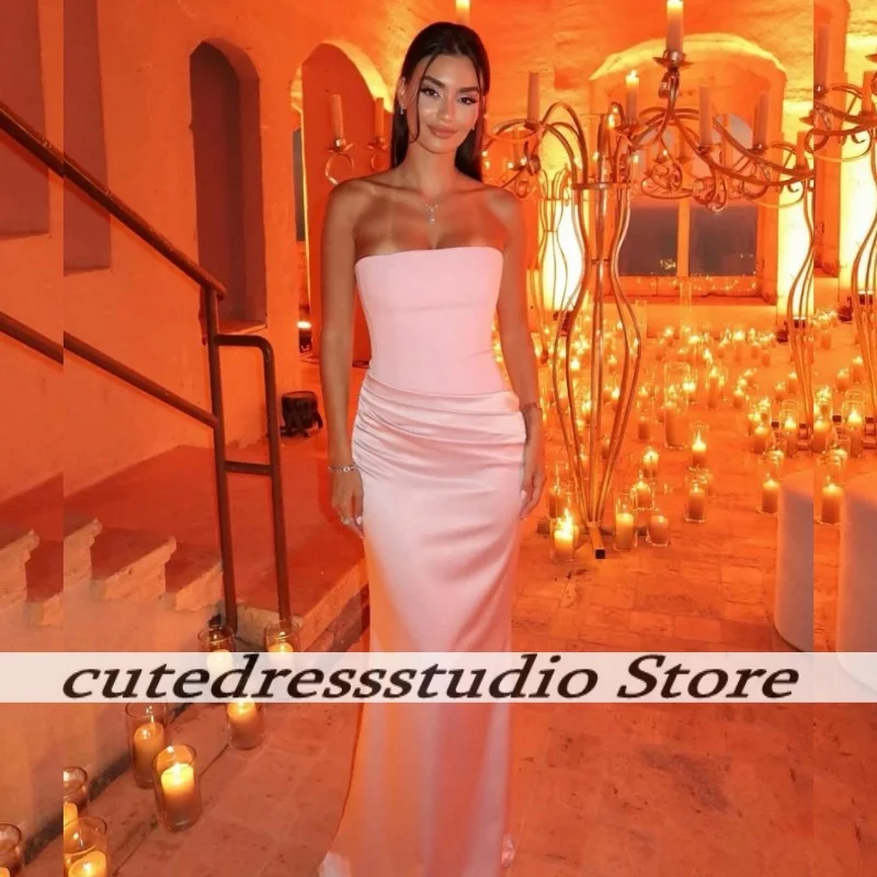 

African Elegant Pink Strapless Evening Dress Luxury Flowing Satin Mermaid Wedding Party Dresses Prom Gowns For Women Customized