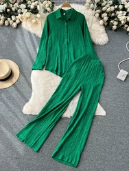 Spring Autumn Pleated Two Piece Sets Women Casual Loose Sleeve Shirt Top+High Waist Drop Wide Leg Long Pants Suits