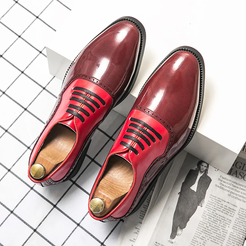 

Fashionable New Derby Shoes Men Shoes Pointed Lace up Business Office Leather Shoes Black and Red 38-48 Men's Shoes