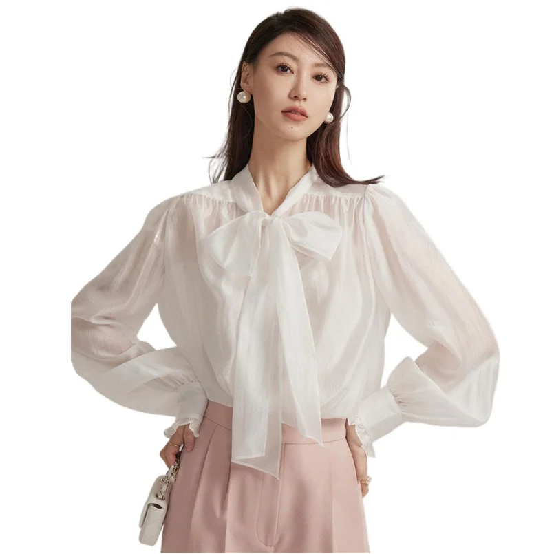 2024 Spring Summer Women Fashion Elegant Shirts Long Sleeve Solid Thin Lyocell Ladies Tops Fairycore Big Bow Chic Blouse blusa