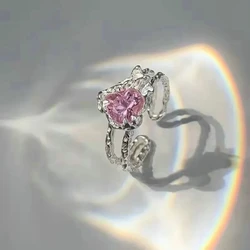 Cute Sweet Cool Pink Heart Opening Ring Women Girls Y2K Adjustable Female Temperament Personality Finger Ring Jewelry Gifts