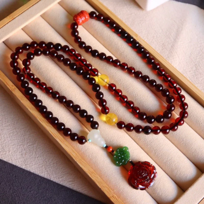 

Natural Purified 6.8mm Blood Buddha 108 Beads Amber Necklace Bracelet Dual-use Four Circles