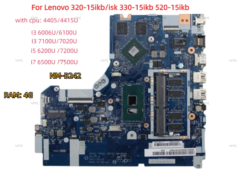 

For Lenovo 320-15ikb / isk 330-15ikb 520-15ikb Laptop motherboard NM-B242 with cpu i3 i5 i7 RAM 4G+GPU 920MX/940MX 100% test ok