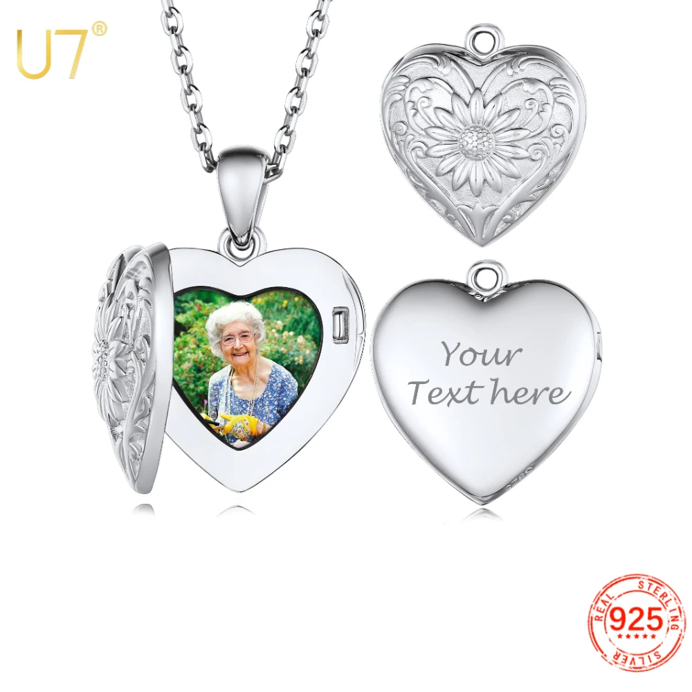 

U7 925 Silver Custom Photo Locket Necklace for Women Heart Embossed Sunflower Personalized Picture Engraving Memorial Jewelry