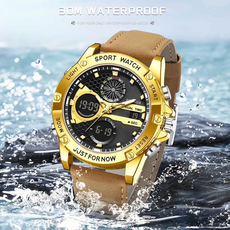 FOXBOX Top Brand Luxury Mens Watches Fashion Leather Analog Digital Watch For Men Casual Sports Waterproof Quartz Chronograph