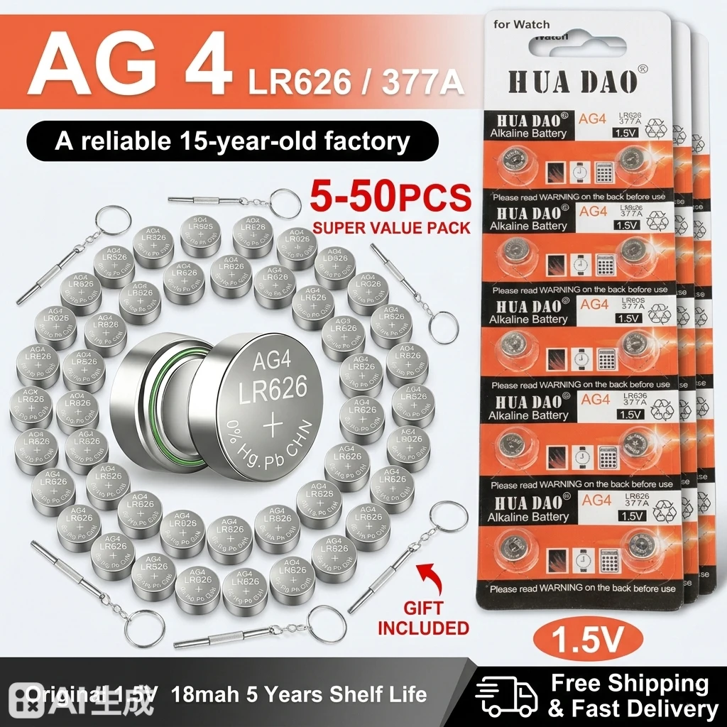 

AG4 377 SR626SW Watch Battery 1.55V LR66 177 LR626 Alkaline Coin Cell for Toy Clock (5-50PCS)