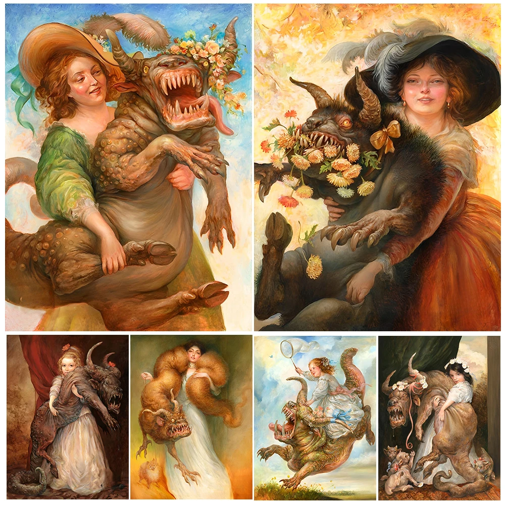 

Monster,Woman,Pet,Flowers,Springtime Fantasy Art Poster And Print Beauty Girl And The Beast Vintage Wall Art Canvas Painting