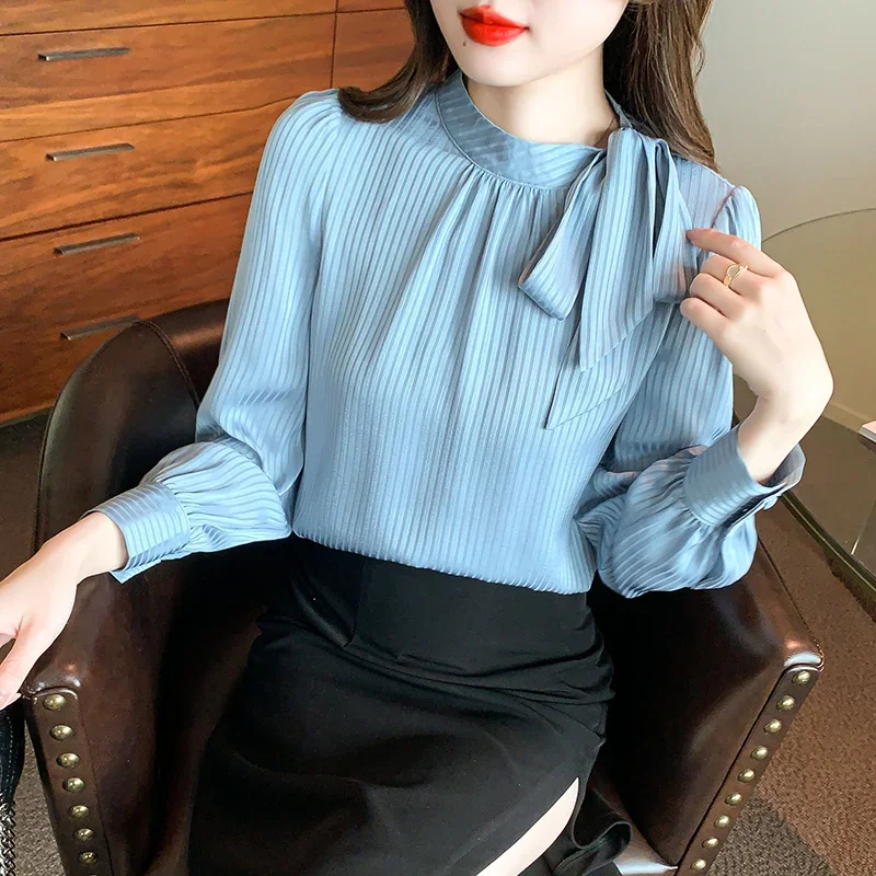 

Elegant Women's Blouse 2024 Autumn New Korean Fashion Bow Tie Striped Shirt Chic Ladies Tops Chiffon Stripe OL Women's Clothing