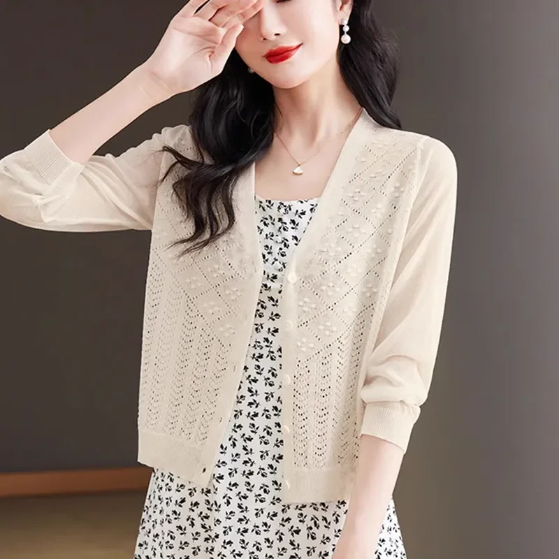 Spring Summer Short Cardigan Knitting Coat Women 2024 New Fashion Loose Hollow out Pure Colour Black Sunscreen Shirt Female