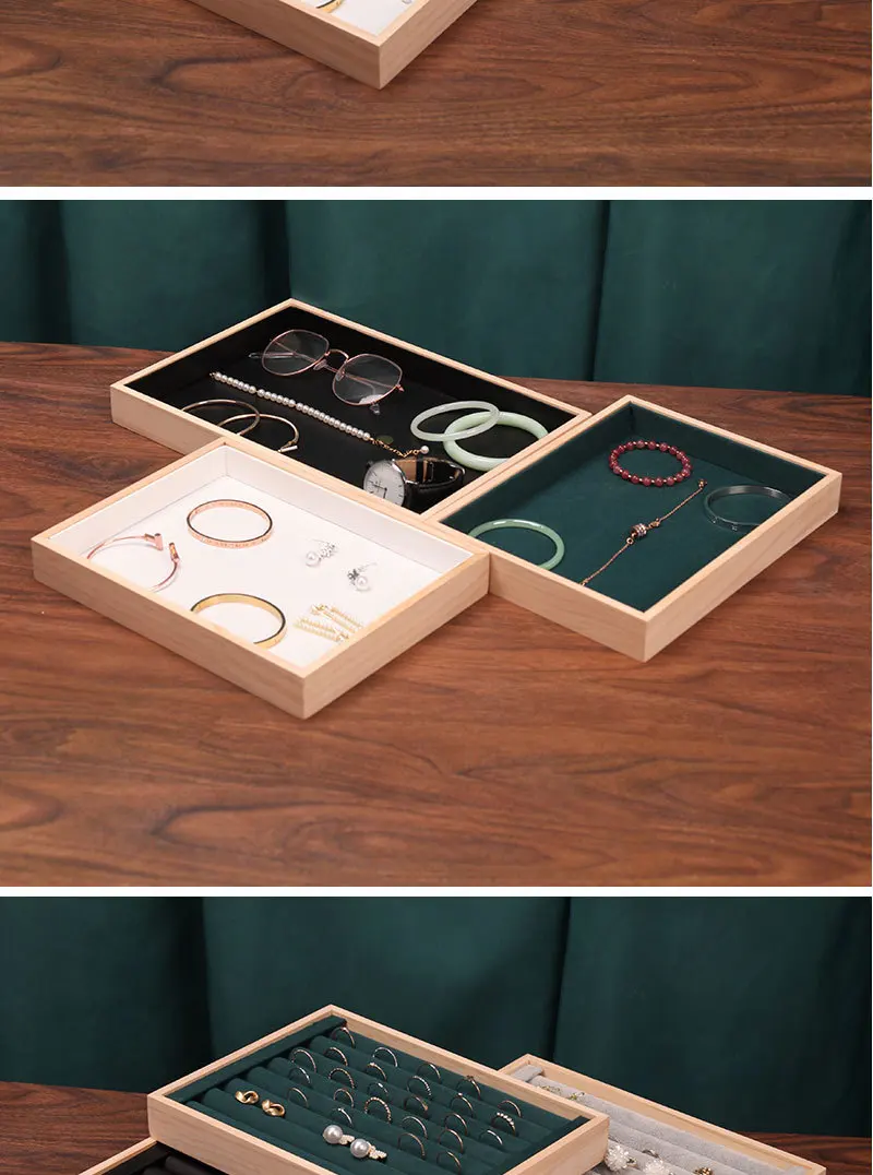Solid Wood Small Flannel Ring Display Plate, Stud Earrings, Bracelet, Storage and Finishing Box, Ring Jewelry