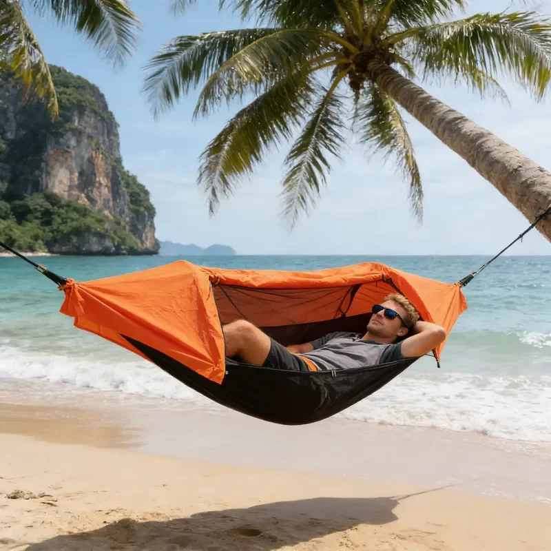 Heavy Double Parachute Nylon Hammock Complete with Zippered Mosquito Net for Secure Bug Free Outdoor Sleeping
