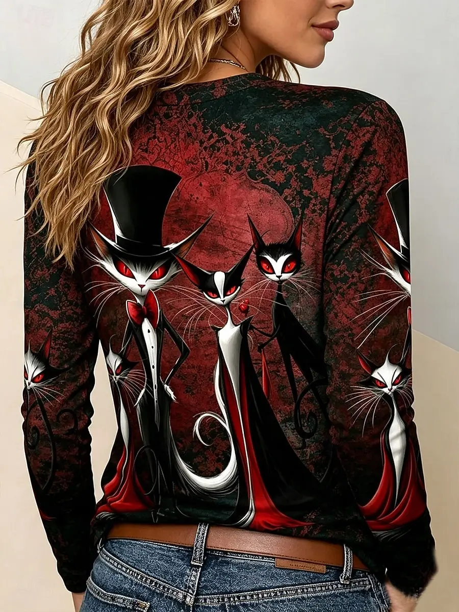Halloween Women's Vampire Cat Family T Shirt Red Eyes Top Hat Gothic Cartoon Graphic Long Sleeve Crew Neck Casual Top