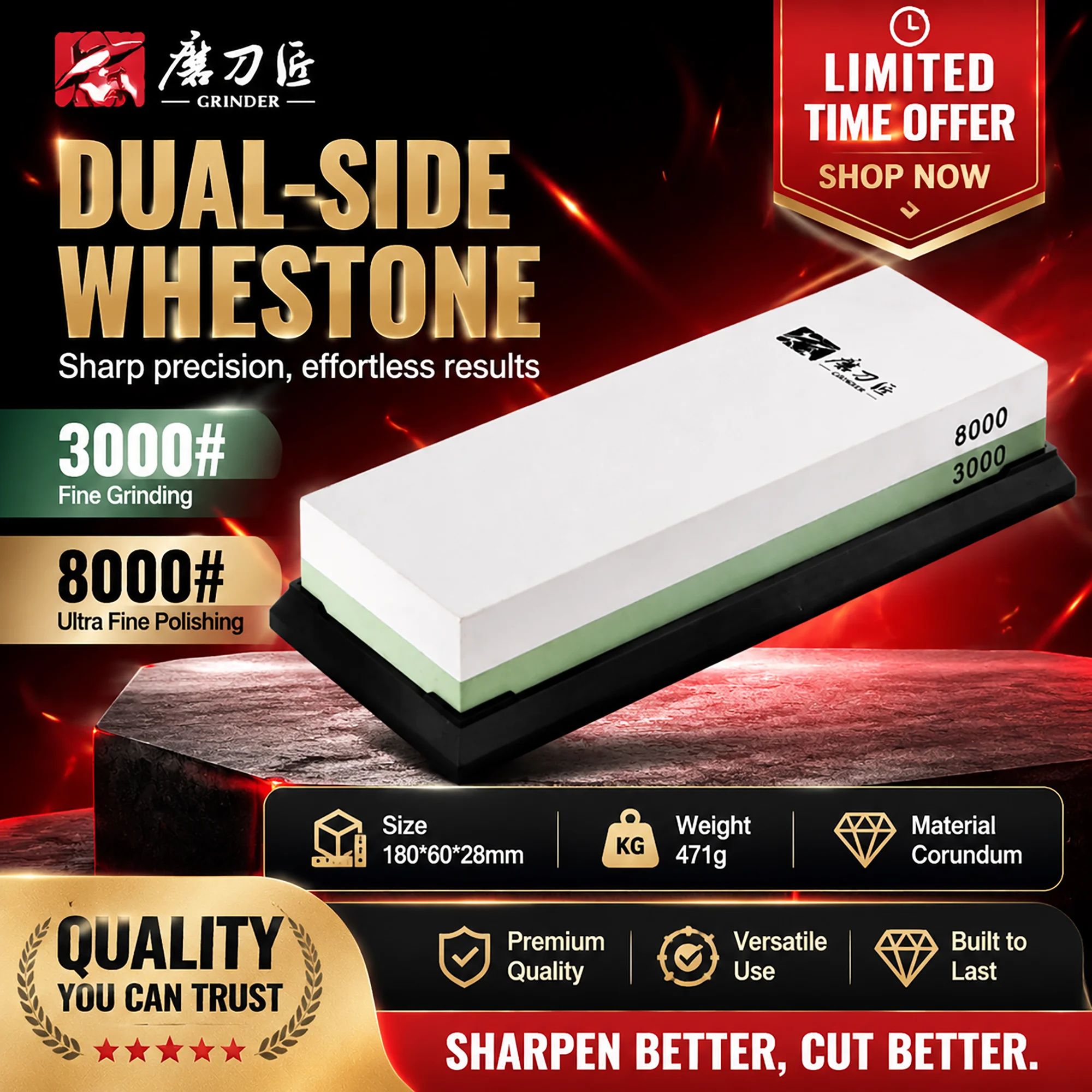 Corundum Double Side Sharpening Stone 8000/3000 Grit Whetstone 180x60x28mm 558g Professional Kitchen Knife Tool