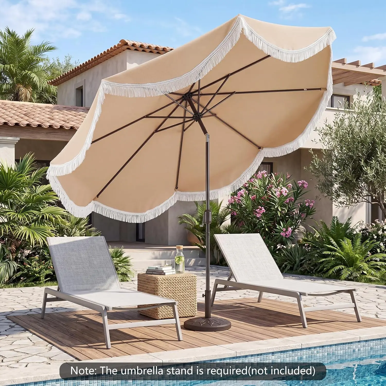 10 FT Patio Umbrella With Fringe, Boho Scalloped Outdoor Table Umbrella With Push Button Tilt, 8 Heavy Duty Ribs, Vented Canopy For Market Garden Yard Beach Poolside Beige