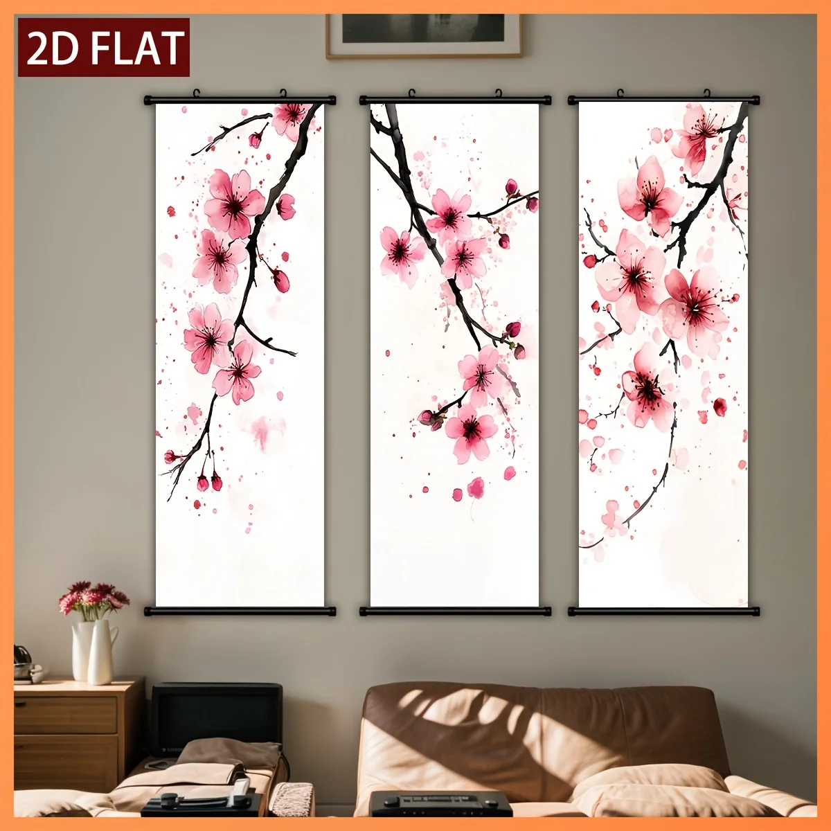 VIKAMA Chinese Ink Peach Blossom Scroll Tapestry, HD Fade Resistant Wall Scroll Painting, Serene Room Decor
