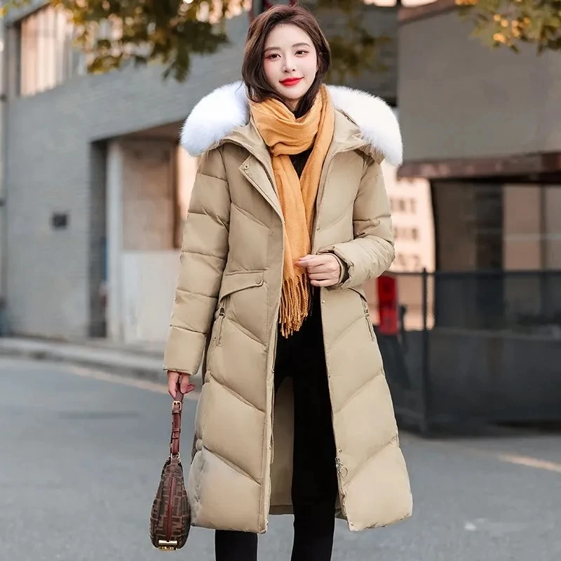 リアルファー襟付きホワイトダックダウンジャケット レディース 2025年冬新作 レースアップ 厚手 フード付きダウンコート 女性用 ロング丈 暖かいパーカー オーバーコート