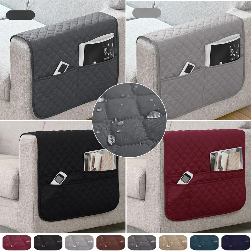

Solid Color Waterproof Sofa Armrest Covers with Storage Bags Plaid Recliner Armrest Protector Living Room Bedroom Funda De Sofá