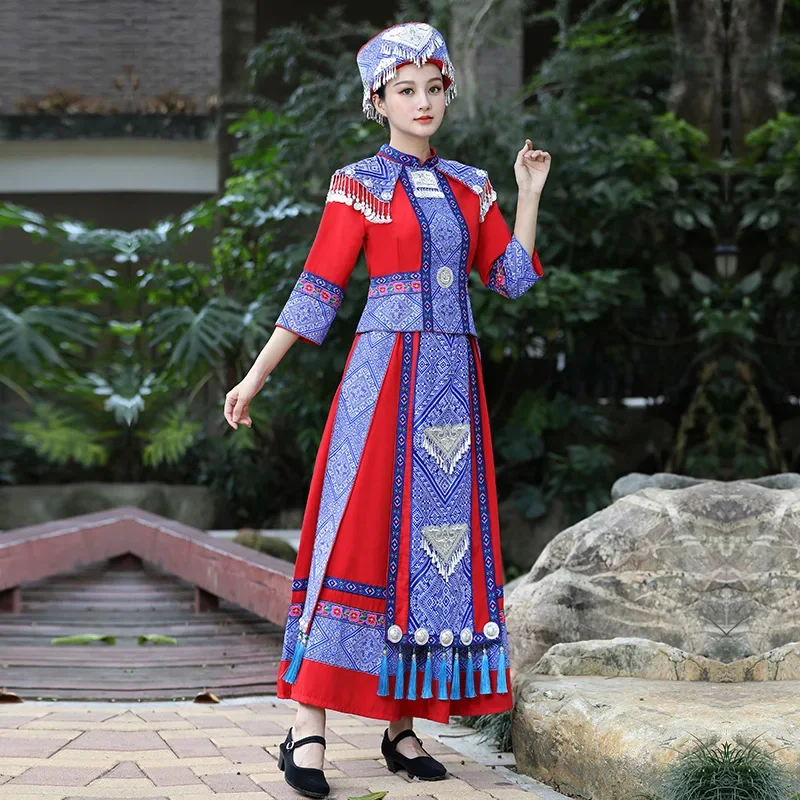 Guangxi New Zhuang March 3 Clothing Adult Female Performance Clothing Long Skirt Stage Performance Clothing 3-piece Set