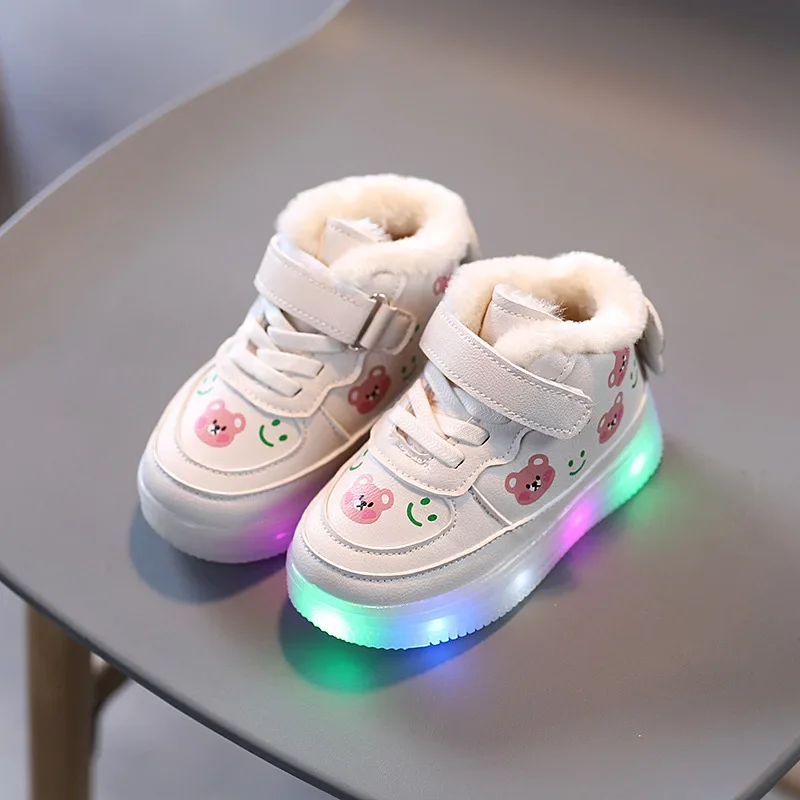 Girl Shoe Kid Cotton Shoe for Girl Led Lighted Plush Board Shoe Winter Non-slip High Top Sport Shoe Luminous Kids Casual Sneaker