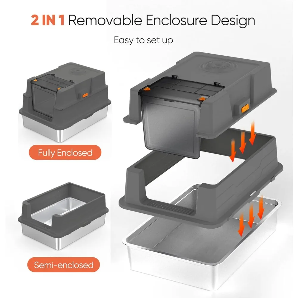 صندوق فضلات القطط من الفولاذ المقاوم للصدأ للتحكم في الرائحة مقاس XXL، 28 لتر × 20 وات، مجموعة معدنية مغلقة قابلة للإزالة، وظيفة 4 في 1 لكاليفورنيا الكبيرة #2