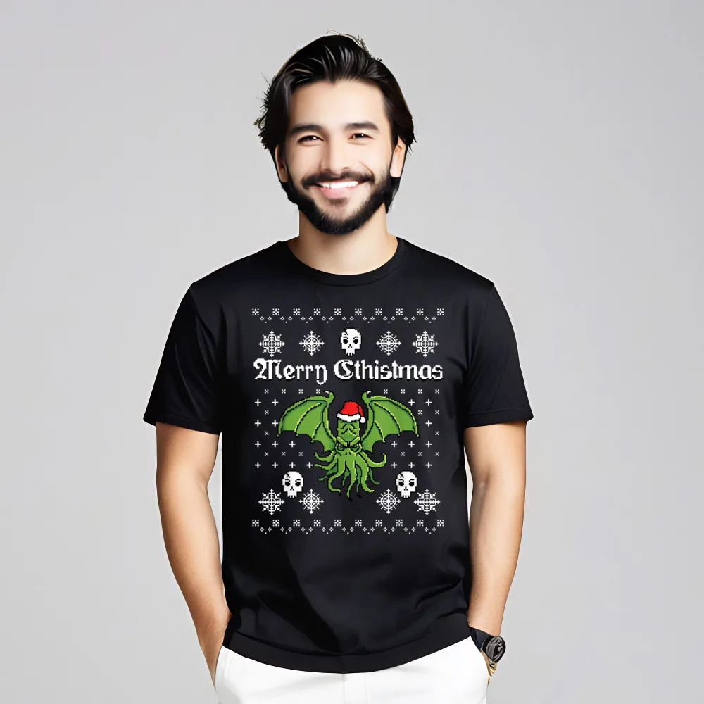 Mens Loose Tops Tees Round Neck Autumn All Cotton T-shirts Print Short Sleeve Merry Cthistmas Cthulhu Ugly Christmas T Shirt
