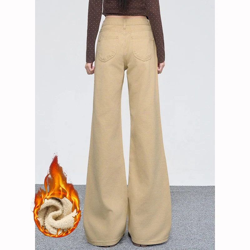 Calças térmicas inverno feminino jeans de pelúcia neve quente senhora clássico cintura alta denim calças femininas sólida fina lã