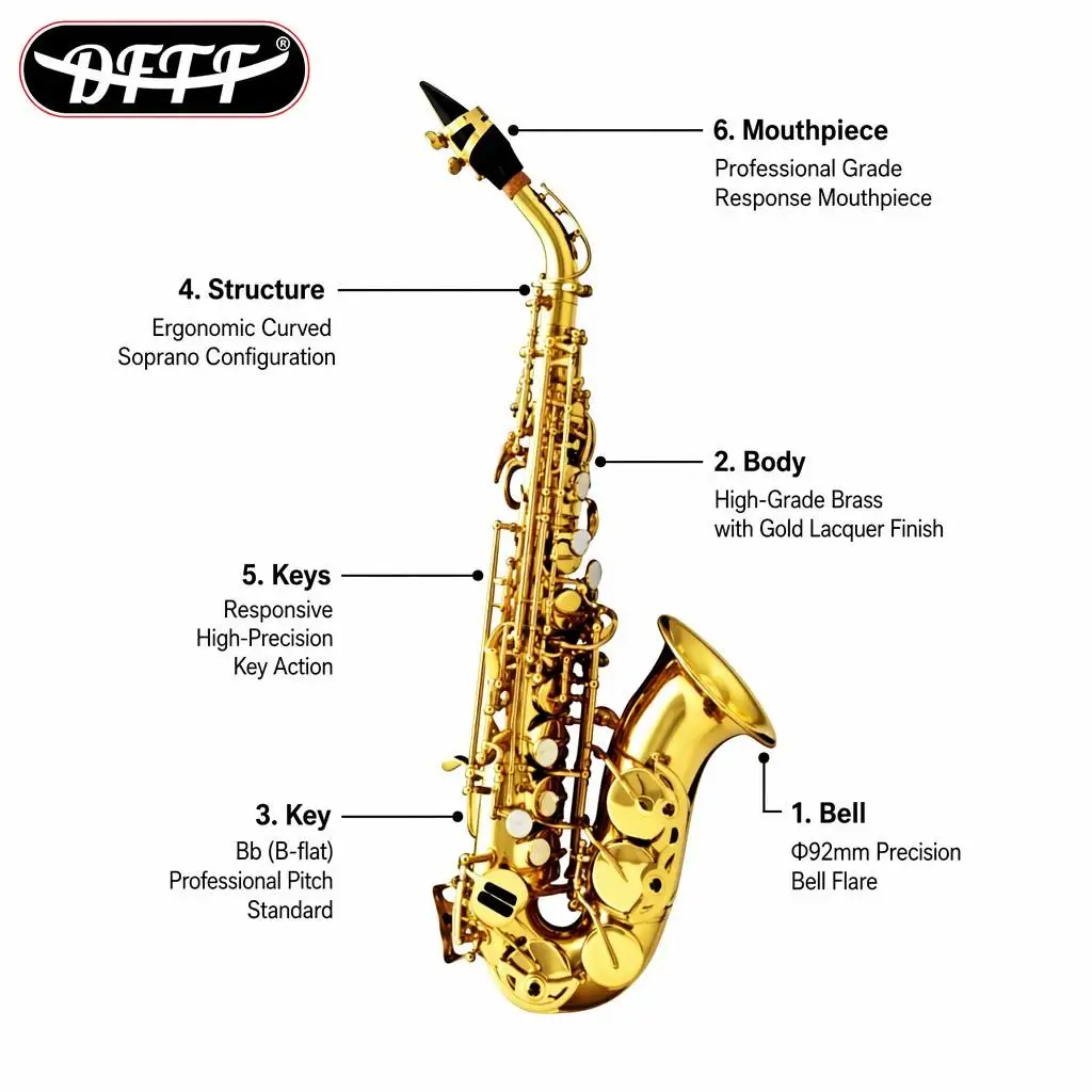 Bb Curved Soprano Saxophone Brass Gold Lacquer Student Professional Saxophone Factory Wholesale Support OEM ODM