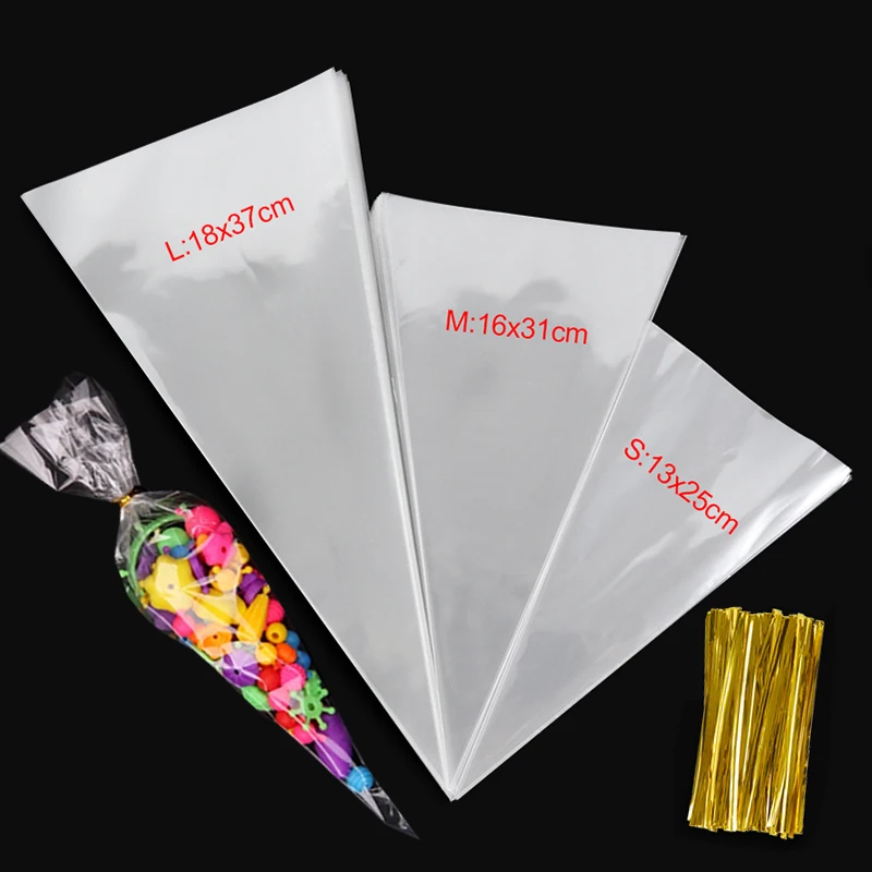 50pcs Transparent Cone Candy Bags Wedding Favors Sweet Cookies Storage Packaging Cellophane Bag Birthday Easter Party Decor Gift