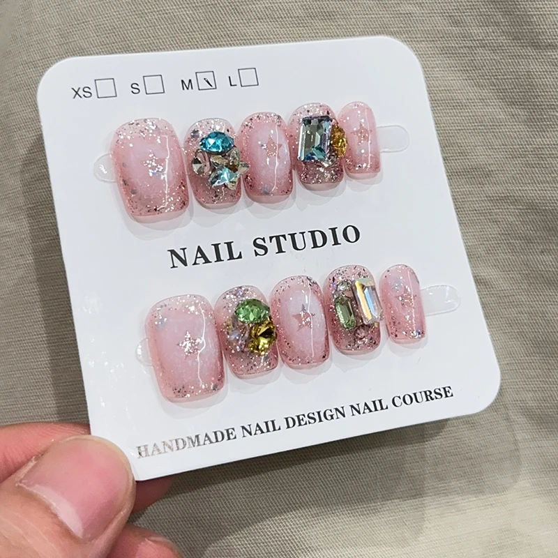 YunMoonai 10Pcs New Luxury Design Colorful Rhinestone Pink Press-on Nails for Women Premium Quality Handmade Wearable False Nail