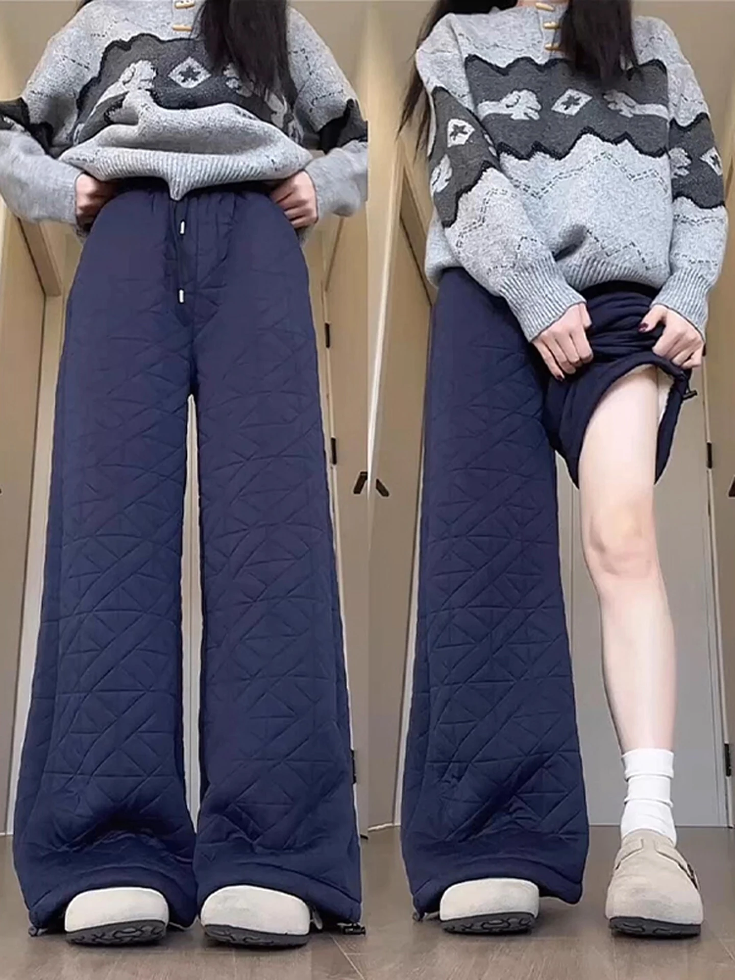 

Harbin Northeastern Men's Cotton Pants Winter Thiened Fce Warm Loose Wide Leg Diamond id Pattern Trousers Anti-Cold