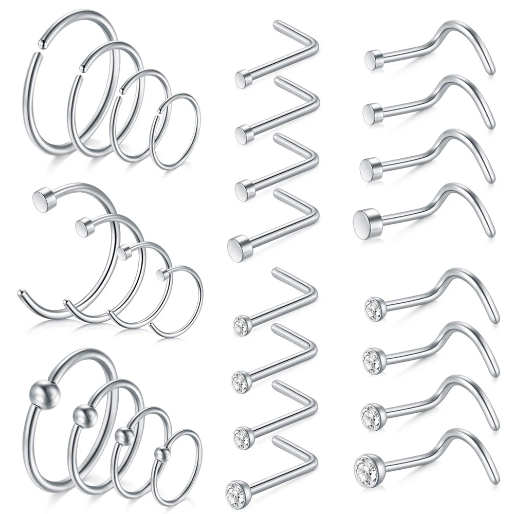 1-28pcs 20G Nose Rings Set Hoop Nose Ring Surgical Stainless Steel Studs Screw L Shaped Stud Piercing Jewelry for Women Silver