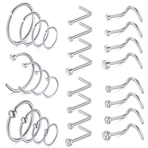 1-28pcs 20G Nose Rings Set Hoop Nose Ring Surgical Stainless Steel Studs Screw L Shaped Stud Piercing Jewelry for Women Silver