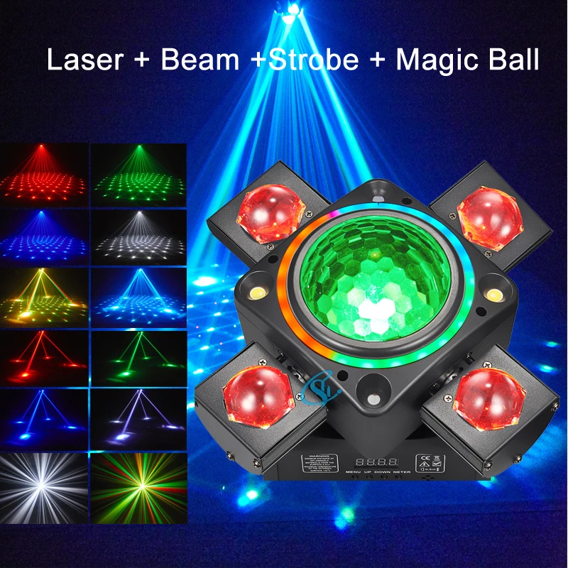 

Four-armed 80W Stage Light With Disco Ball LED 5In1 Laser Beam Moving Head Light Strobe Effect DMX512 For KTV DJ Party