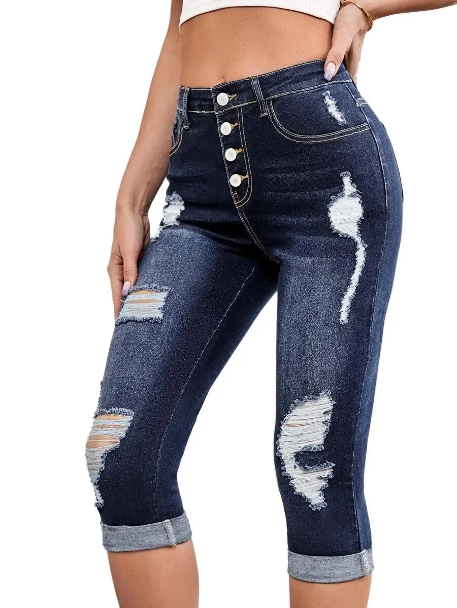 2025 Summer New Mid Waist Ripped Calf-Length Jeans For Women Fashion Skinny Stretch Denim Pencil Pants Casual Female Clothing