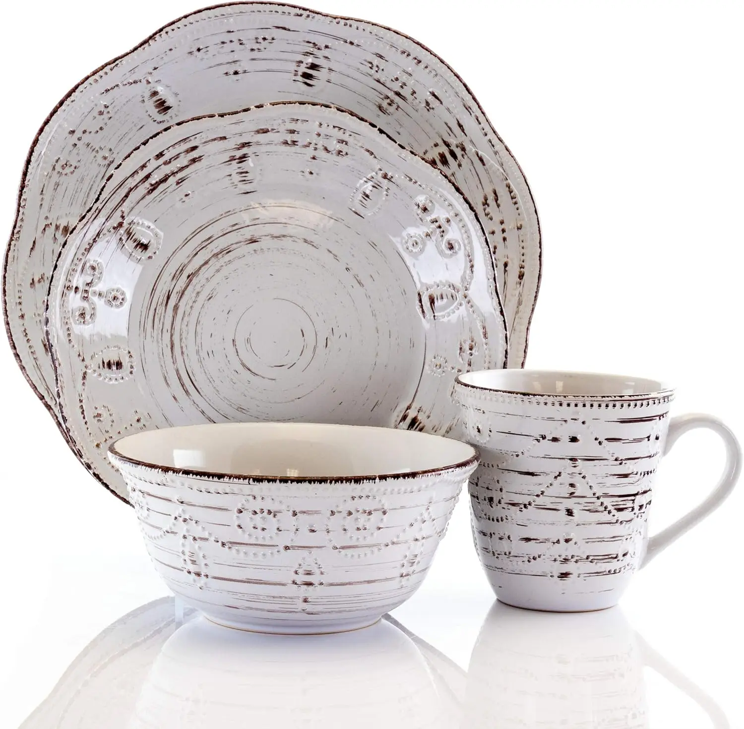 طقم أواني طعام مستديرة من الخزف الحجري المنقوش مكون من 16 قطعة من البتولا الريفي باللون الأبيض مع لمسات بنية