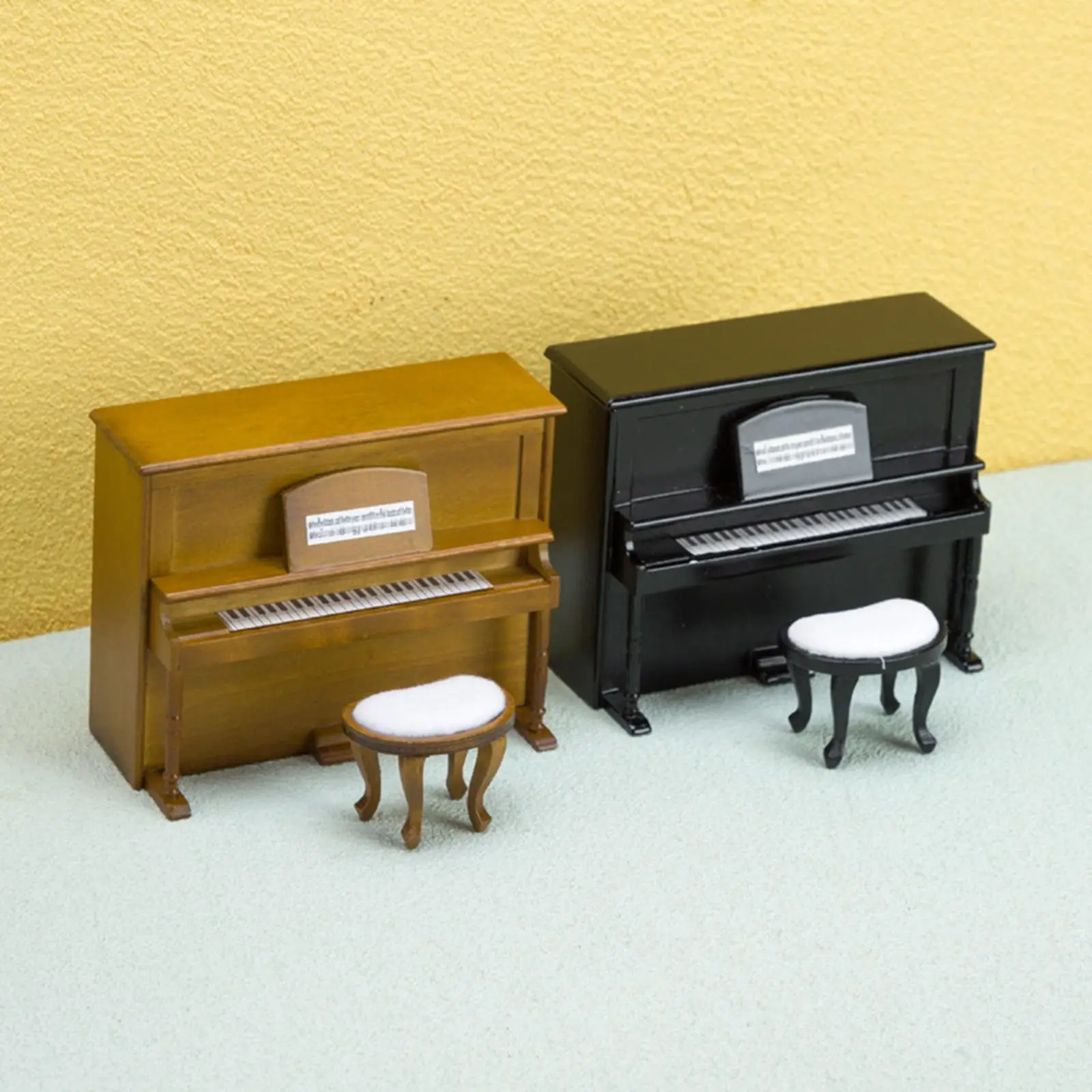 

1:12 Scale Dollhouse Piano, Elegant Vivid Scene, Fairy Garden Miniature Wooden Upright Piano with Stool Small Piano Model