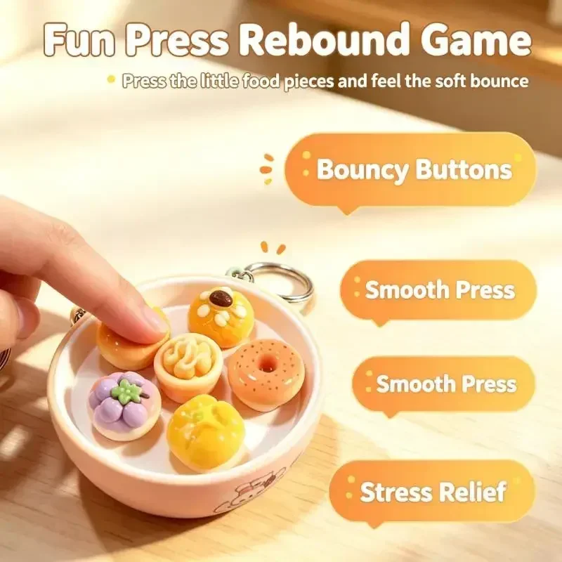 Mini Bowl Keychain Stress Relief Toy Fruit & Pastry Food Play Key Ring  Bag Pendant Creative Novelty Backpack Decor Fun Gift