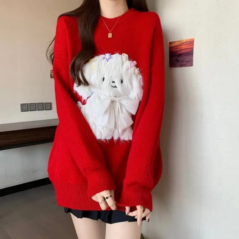 Hairy puppy red sweater women's 2025 autumn and winter new medium and long knitted sweater age-reducing top