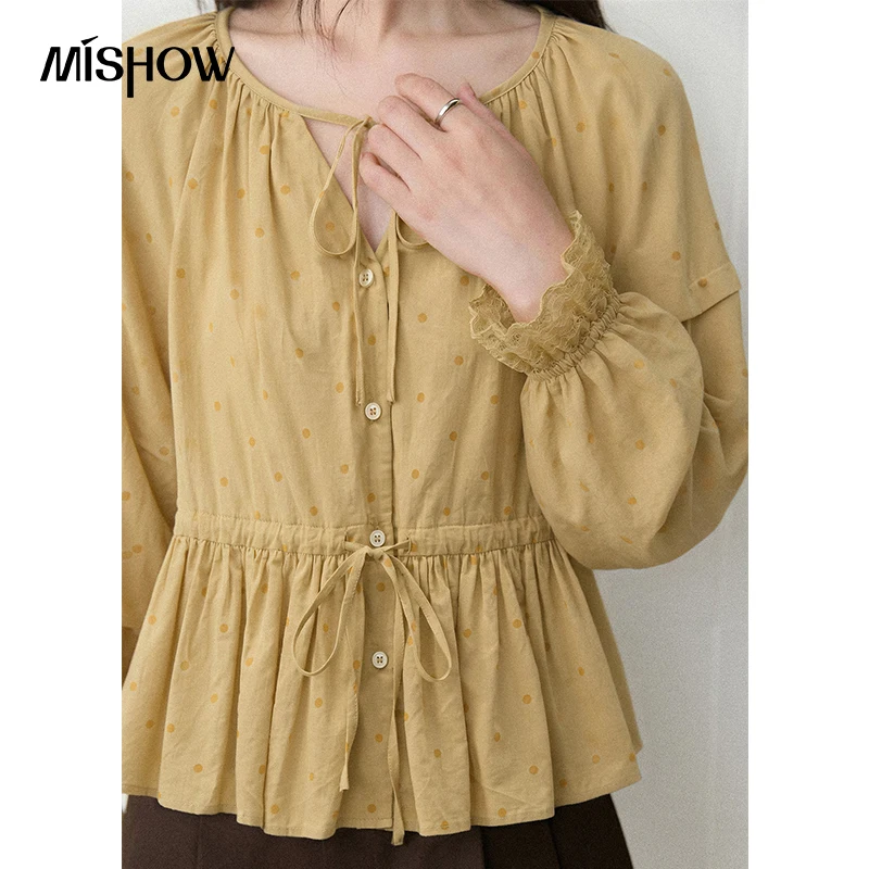 MISHOW Women's Blouse 100% Cotton Polka Dot Print Drawstring Waist Lace Trim Long Sleeve Shirt 2026 Autumn Daily Tops MXF48X2813