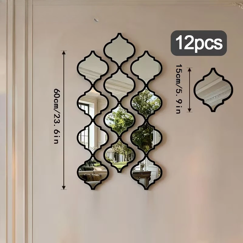 12pcs Large Moroccan Wall Mirror - Black Moroccan Decor Suitable for Bathroom, Living Room, Entryway,  Plastic Frame with Panels