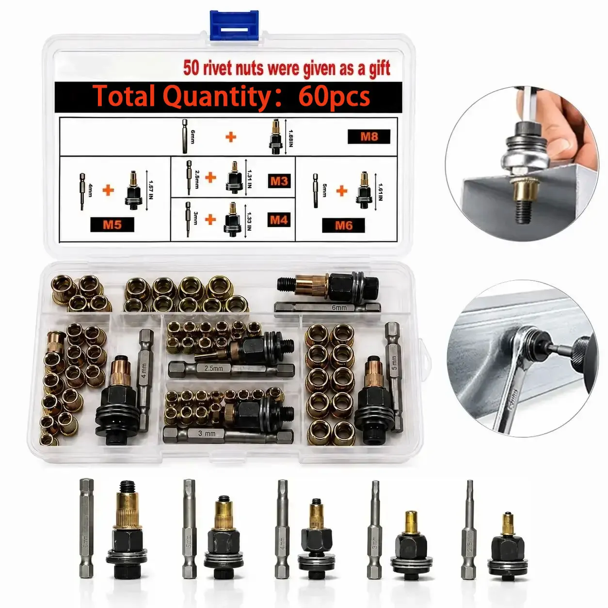 60PCS Hand Rivet Nut Tool Fasteners Nut Head Adapter For M3 M4 M5 M6 M8 Electric Riveting Machine Manual Rivet Tool