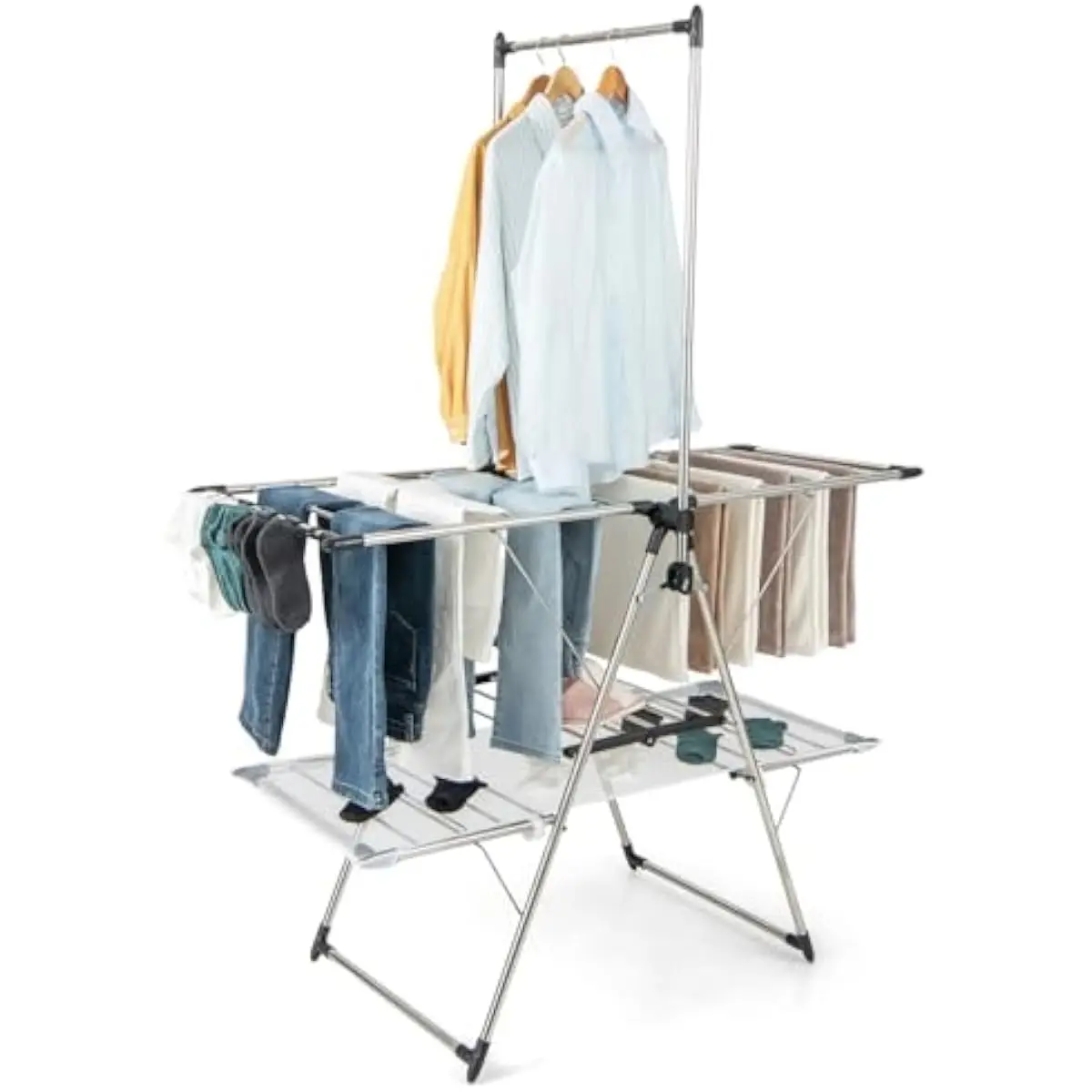 Foldable Stainless Steel Drying Rack with 6-Step Height Adjustment 27.5 to 55 Inches Upper Wings 11 to 22 Inches Lower Wings Com
