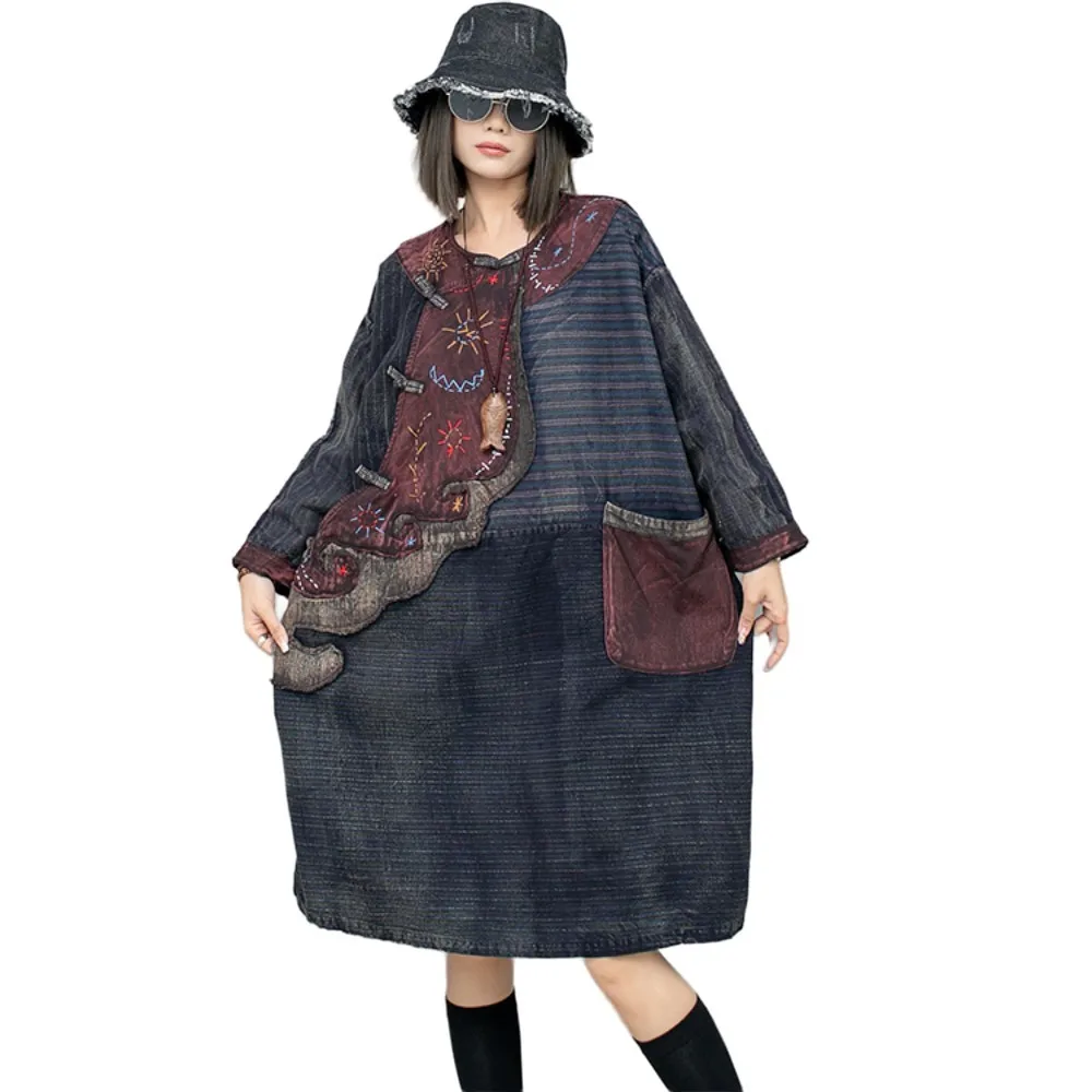 2024 Spring Autumn New Hand Embroidered Worn-out Color Patchwork Diagonal Buckle Long Sleeved Dress Women LX748